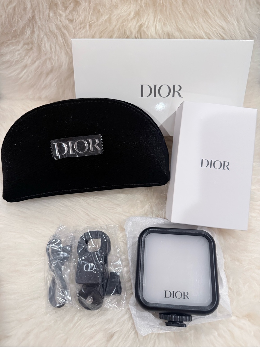 Dior Black Velvet Pouch and Phone Light Accessory Kit